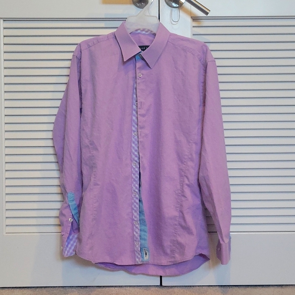 Jared Lang Men's Large Button Down Shirt- Lavender & Blue with Patterned Sleeves